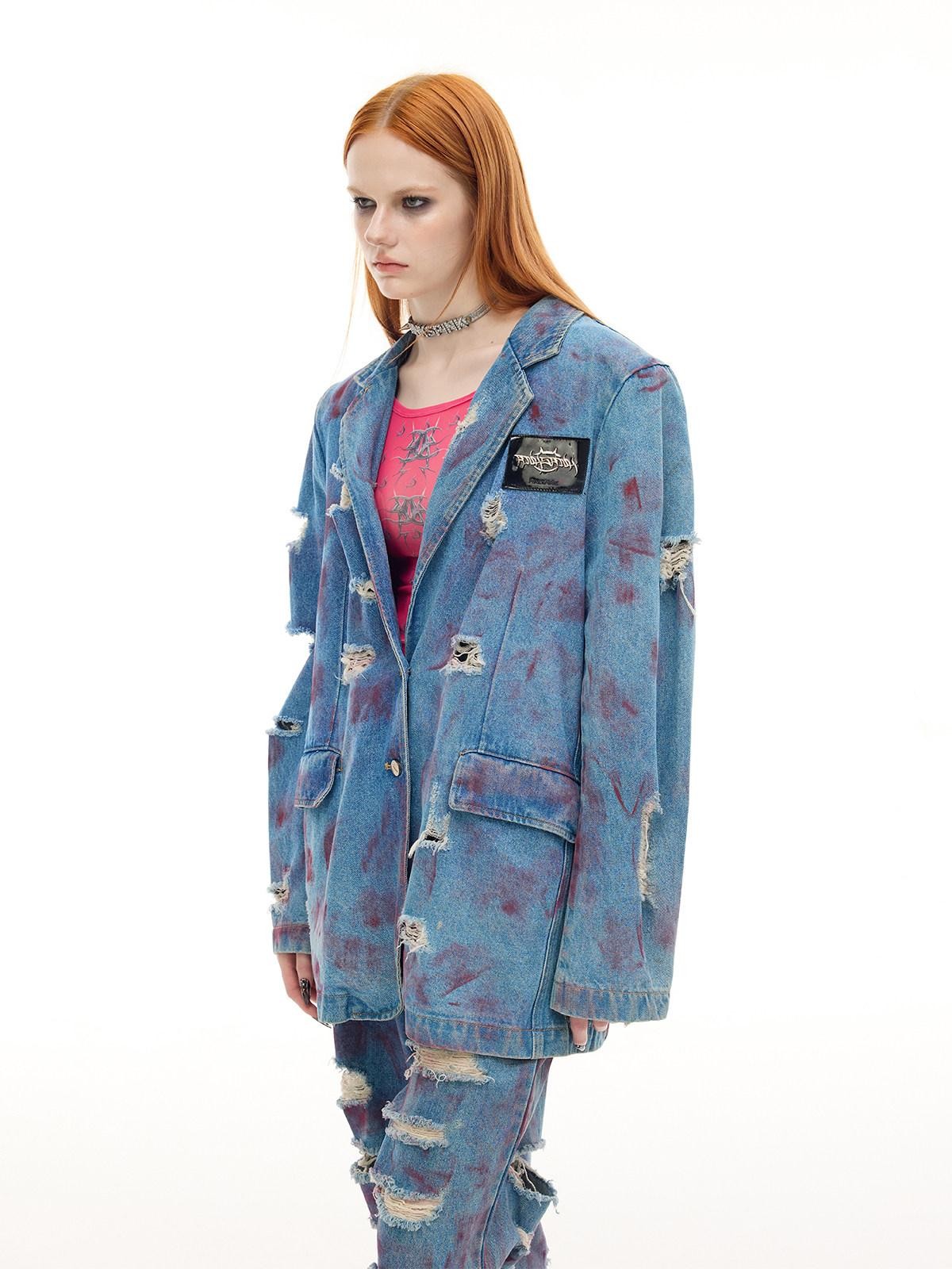 PINKSPINK Pink Coated Irregular Distressed Padded Shoulders Women's Cotton Denim Jackets