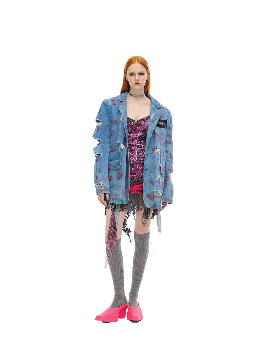 PINKSPINK Pink Coated Irregular Distressed Padded Shoulders Women's Cotton Denim Jackets