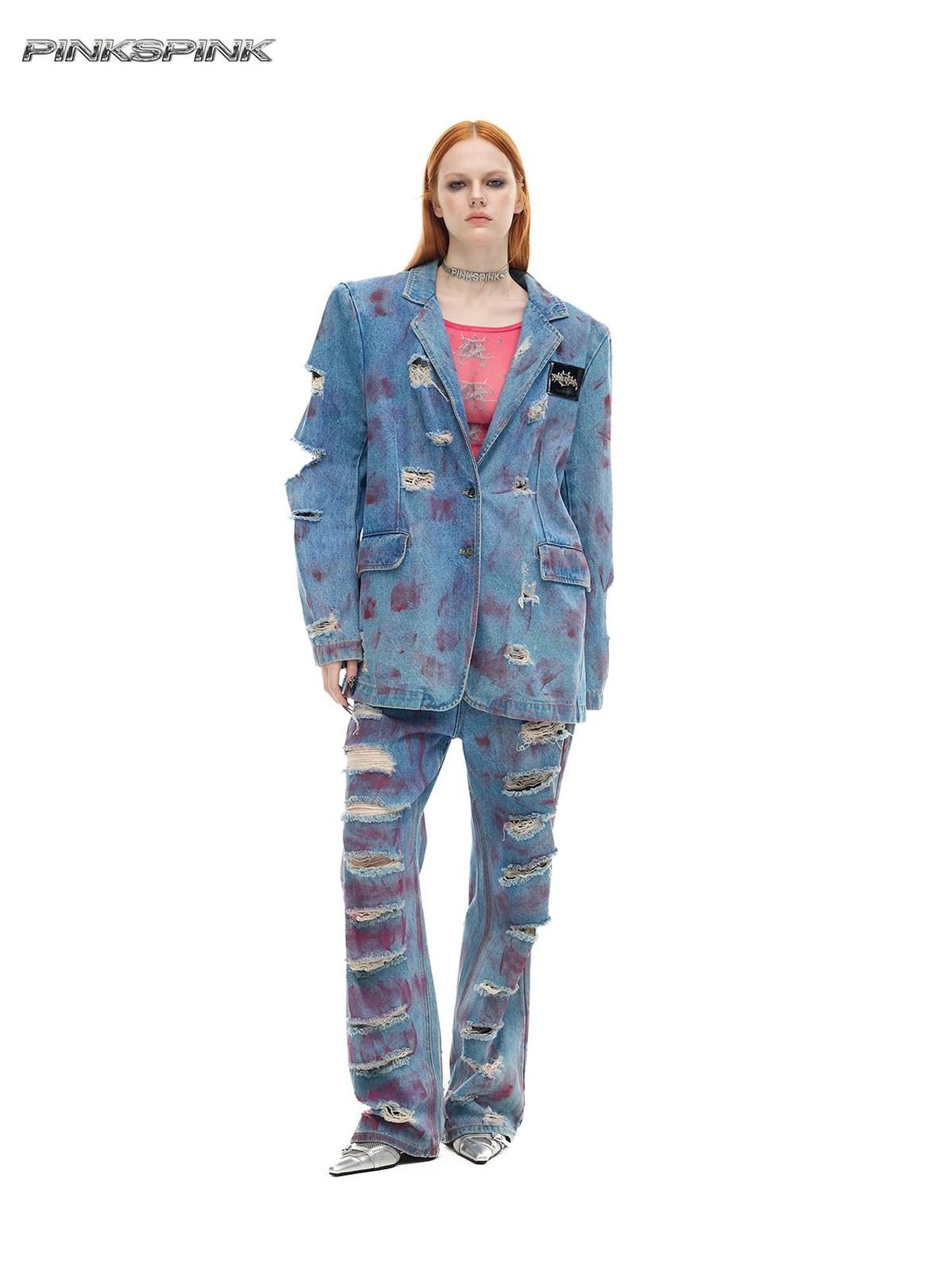 PINKSPINK Pink Coated Irregular Ripped Padded Women's Cotton Denim Jackets