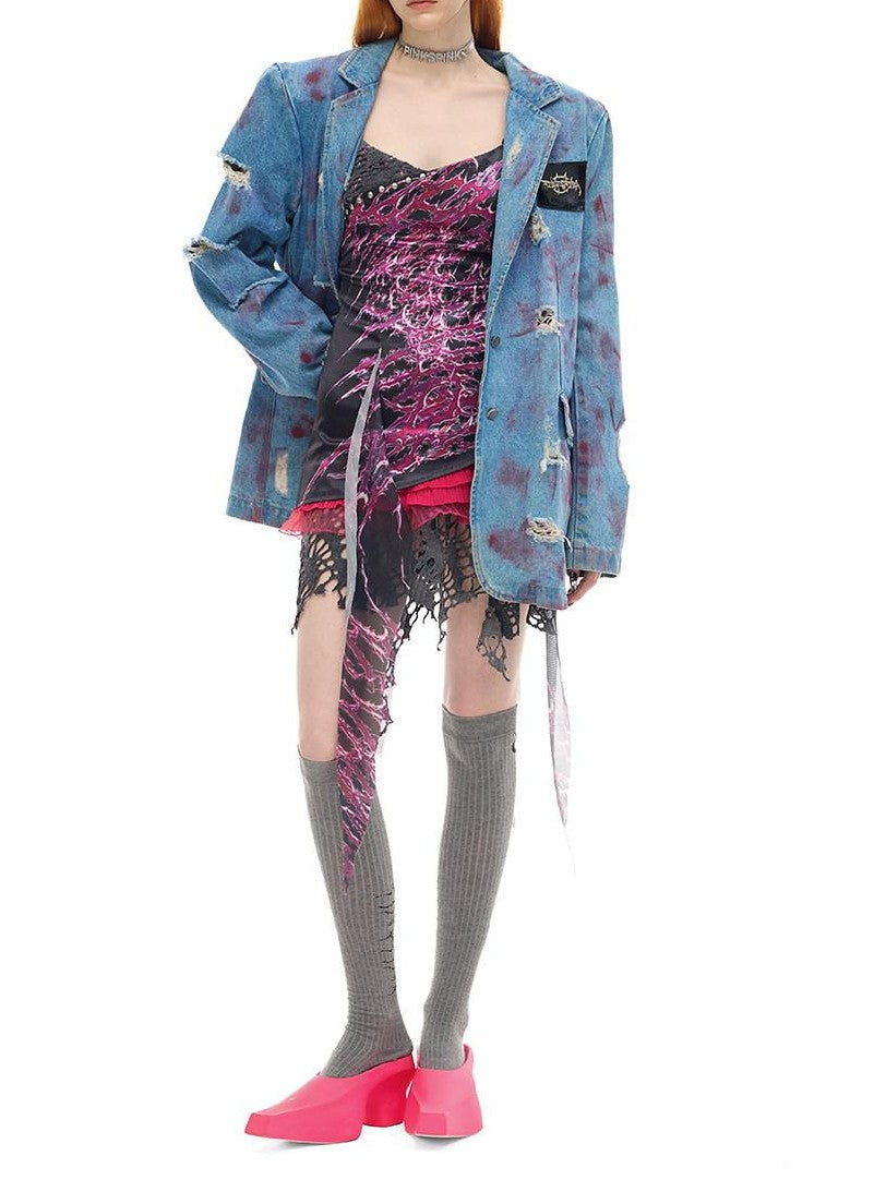 PINKSPINK Pink Coated Irregular Ripped Padded Women's Cotton Denim Jackets