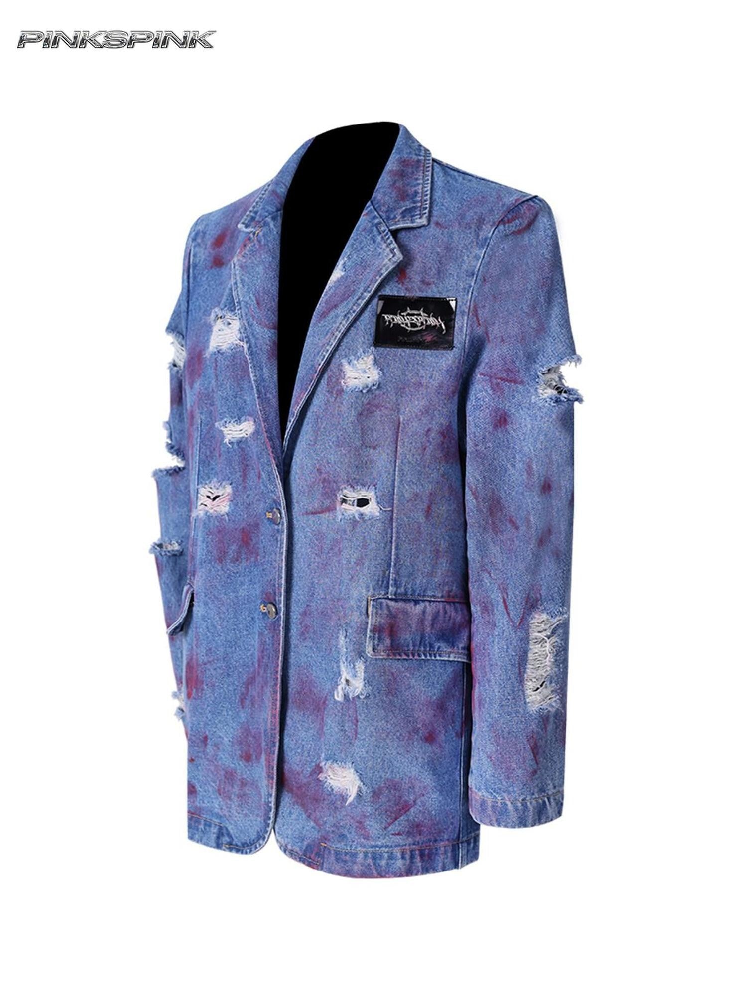 PINKSPINK Pink Coated Irregular Ripped Padded Women's Cotton Denim Jackets