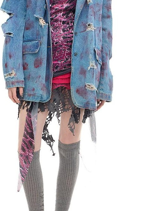 PINKSPINK Pink Coated Irregular Ripped Padded Women's Cotton Denim Jackets