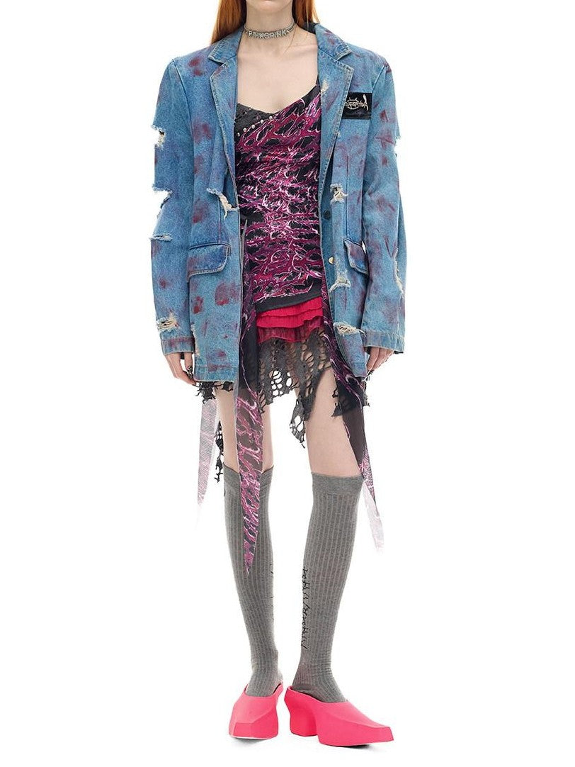 PINKSPINK Pink Coated Irregular Ripped Padded Women's Cotton Denim Jackets