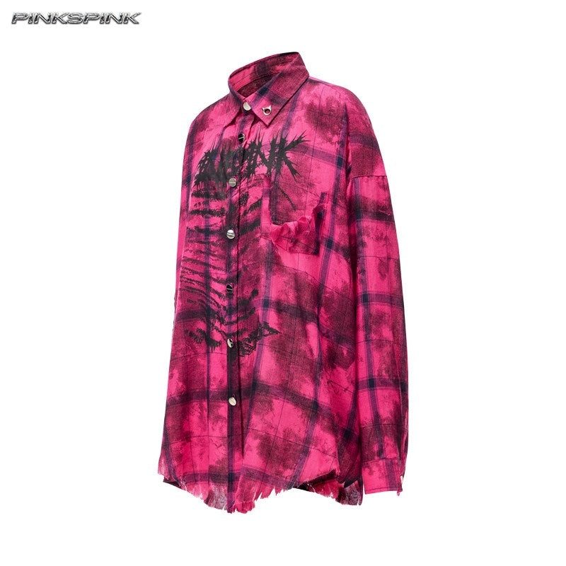 PINKSPINK_Pink_Distressed_Studded_Plaid_Punk_Women's_Cotton_Polyester_Overshirts_1046740121699_MISSTT