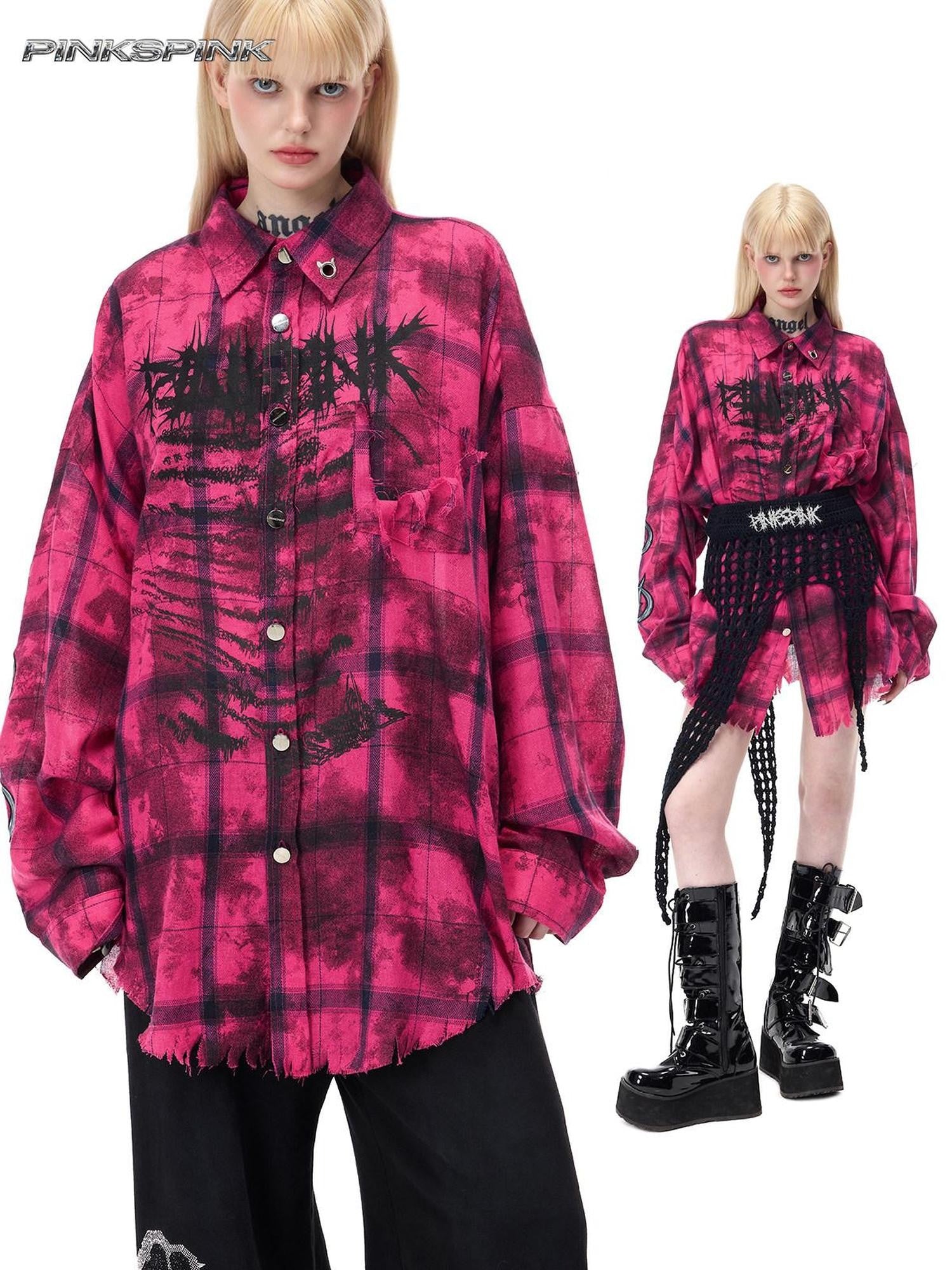 PINKSPINK Pink Distressed Studded Plaid Punk Women's Cotton Polyester Overshirts