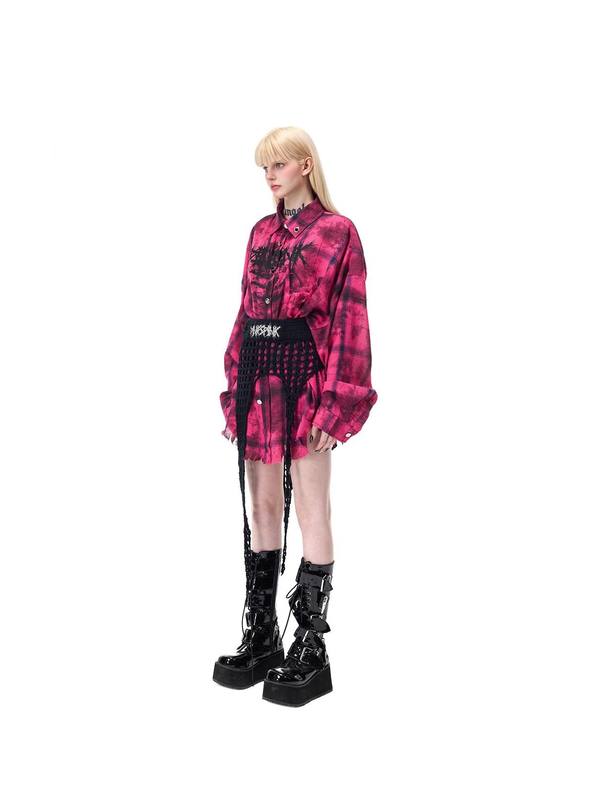 PINKSPINK Pink Distressed Studded Plaid Punk Women's Cotton Polyester Overshirts