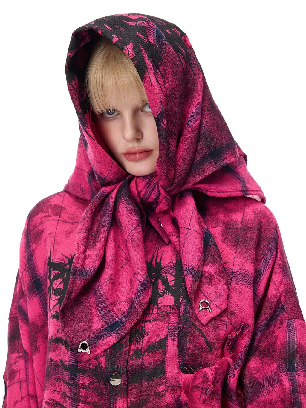 PINKSPINK Pink Distressed Studded Plaid Punk Women's Cotton Polyester Overshirts