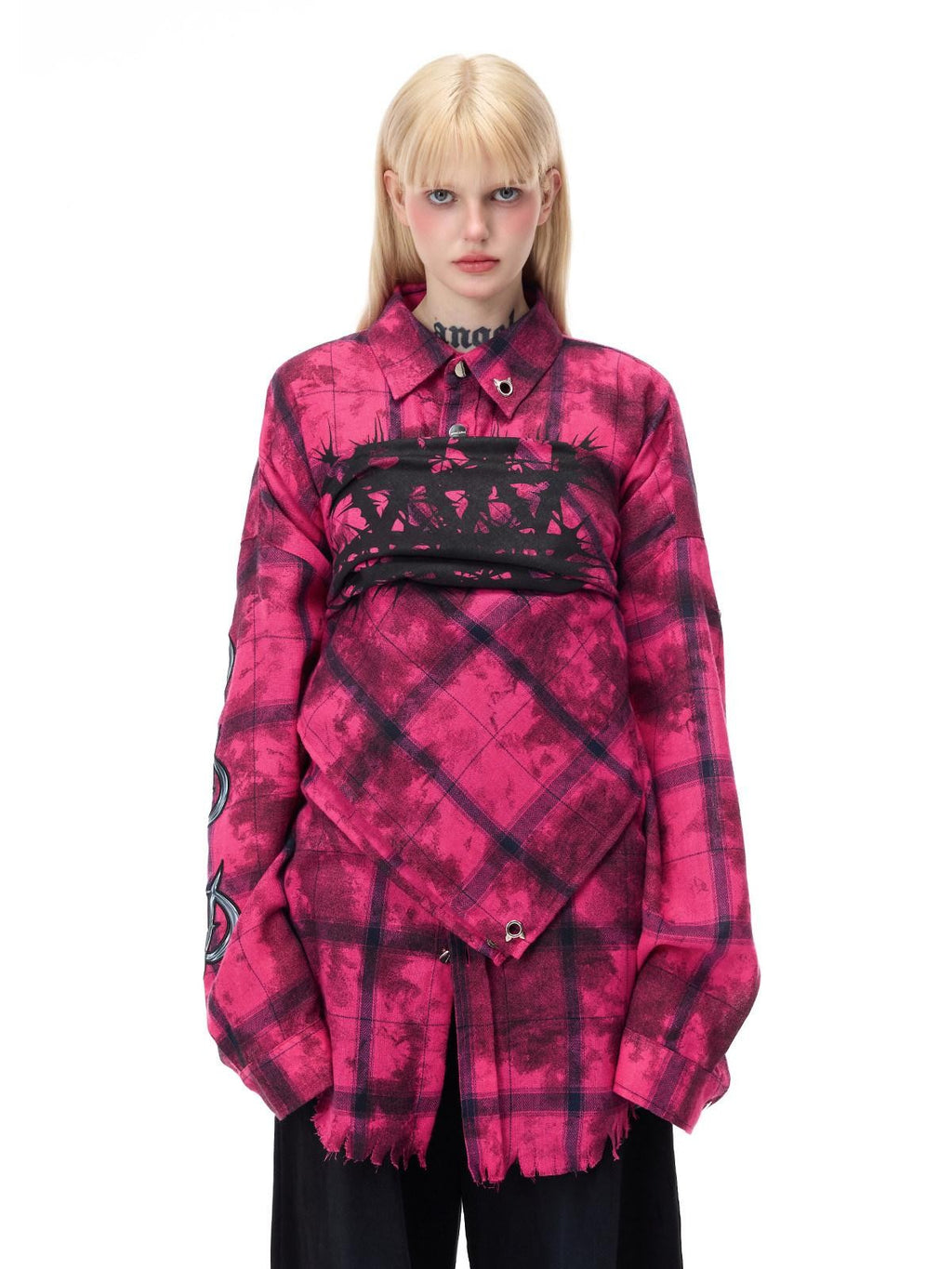 PINKSPINK Pink Distressed Studded Plaid Punk Women's Cotton Polyester Overshirts