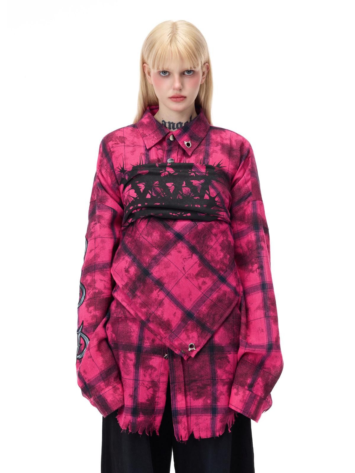 PINKSPINK Pink Distressed Studded Plaid Punk Women's Cotton Polyester Overshirts