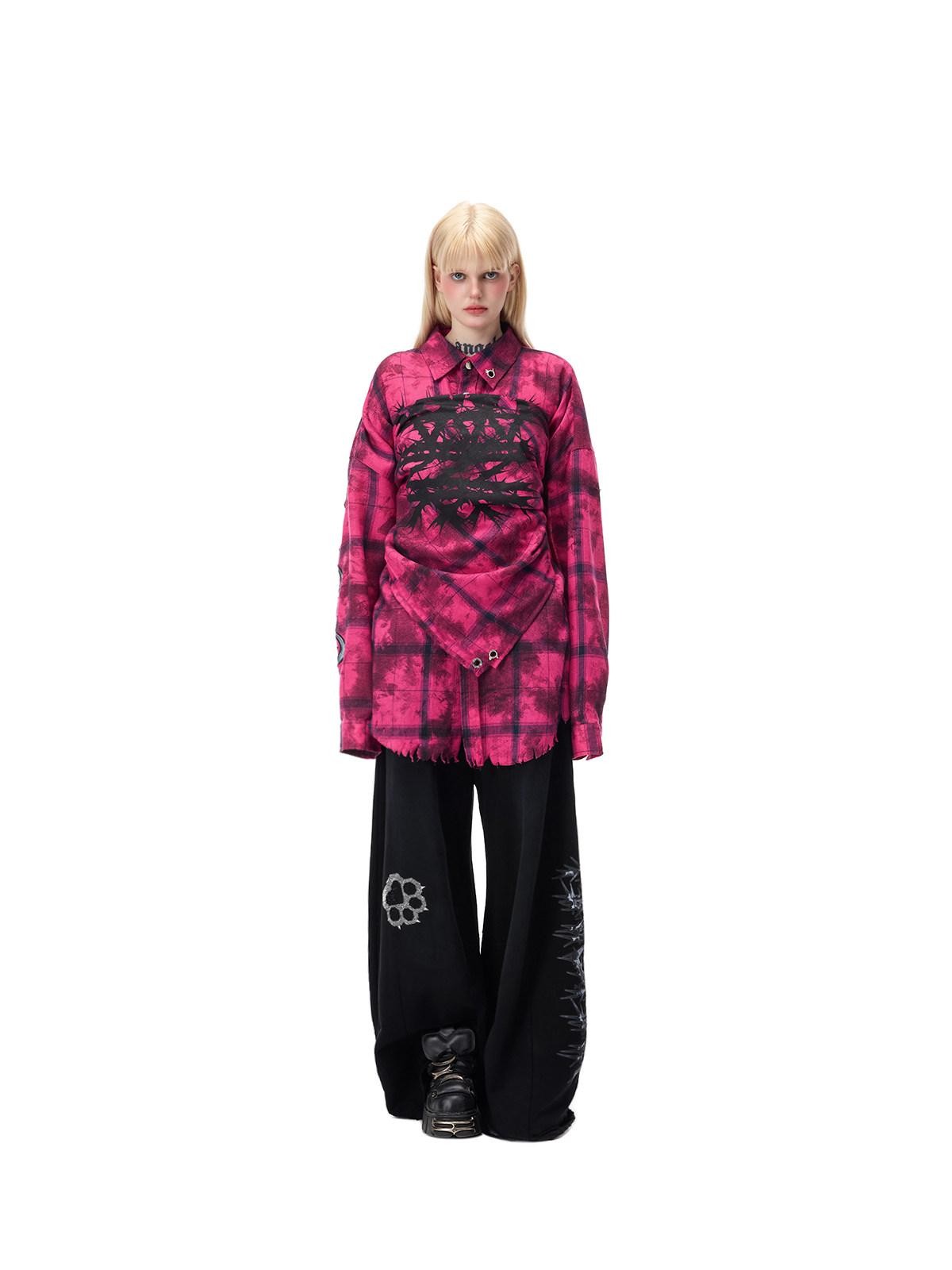 PINKSPINK Pink Distressed Studded Plaid Punk Women's Cotton Polyester Overshirts