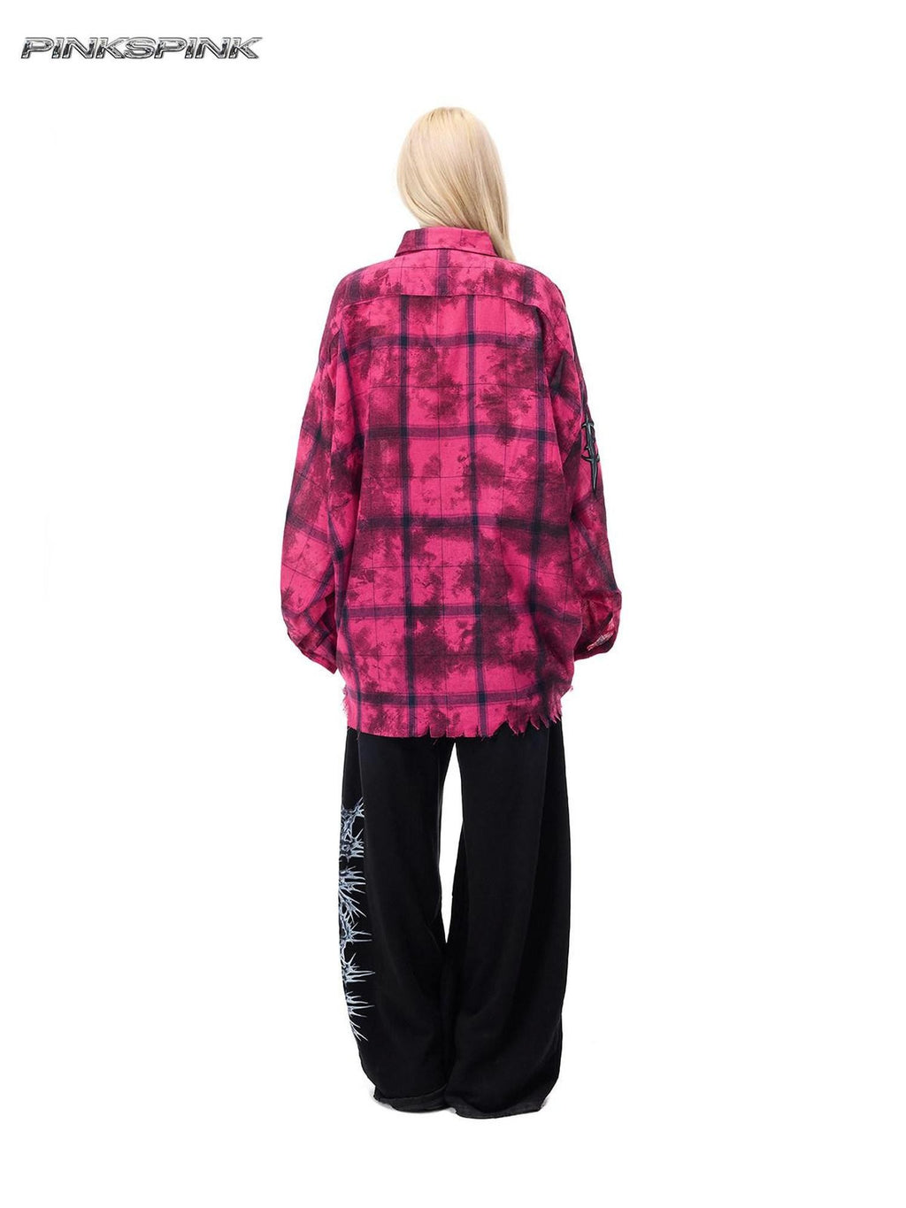 PINKSPINK Pink Distressed Studded Plaid Punk Women's Cotton Polyester Overshirts