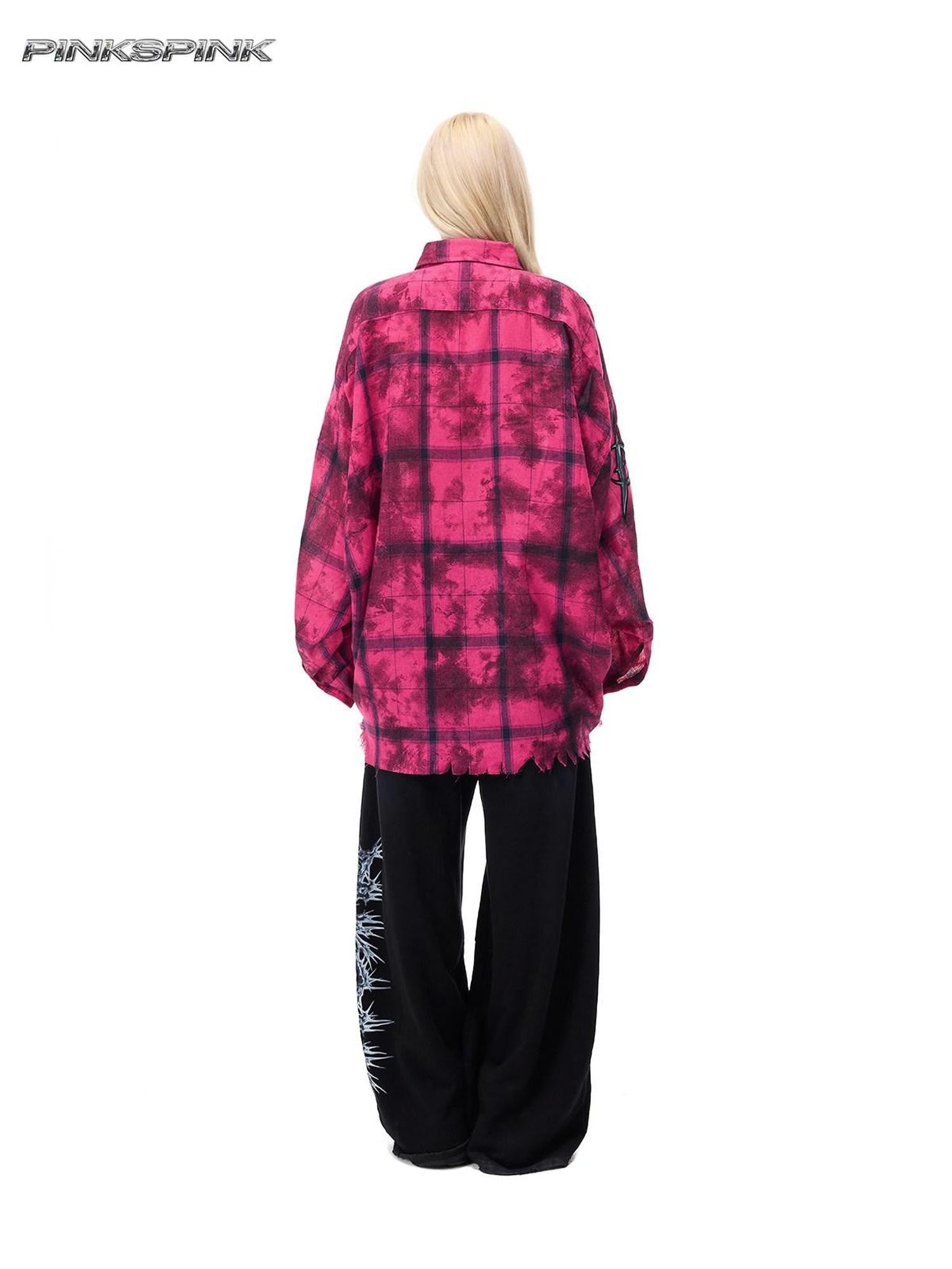 PINKSPINK Pink Distressed Studded Plaid Punk Women's Cotton Polyester Overshirts