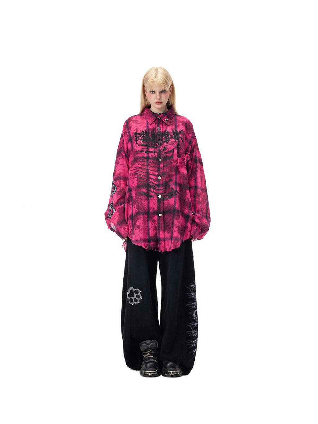 PINKSPINK Pink Distressed Studded Plaid Punk Women's Cotton Polyester Overshirts