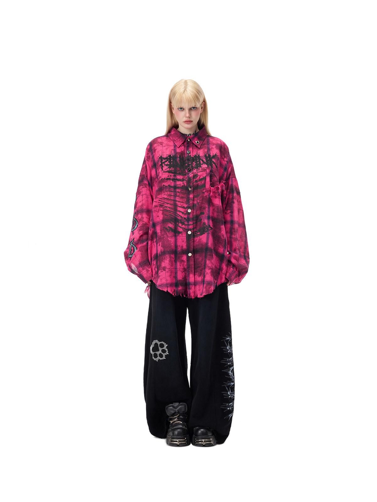 PINKSPINK Pink Distressed Studded Plaid Punk Women's Cotton Polyester Overshirts