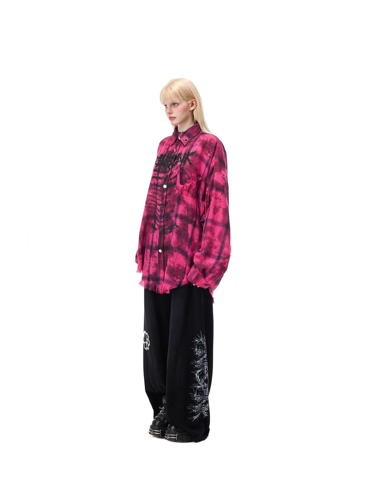 PINKSPINK Pink Distressed Studded Plaid Punk Women's Cotton Polyester Overshirts