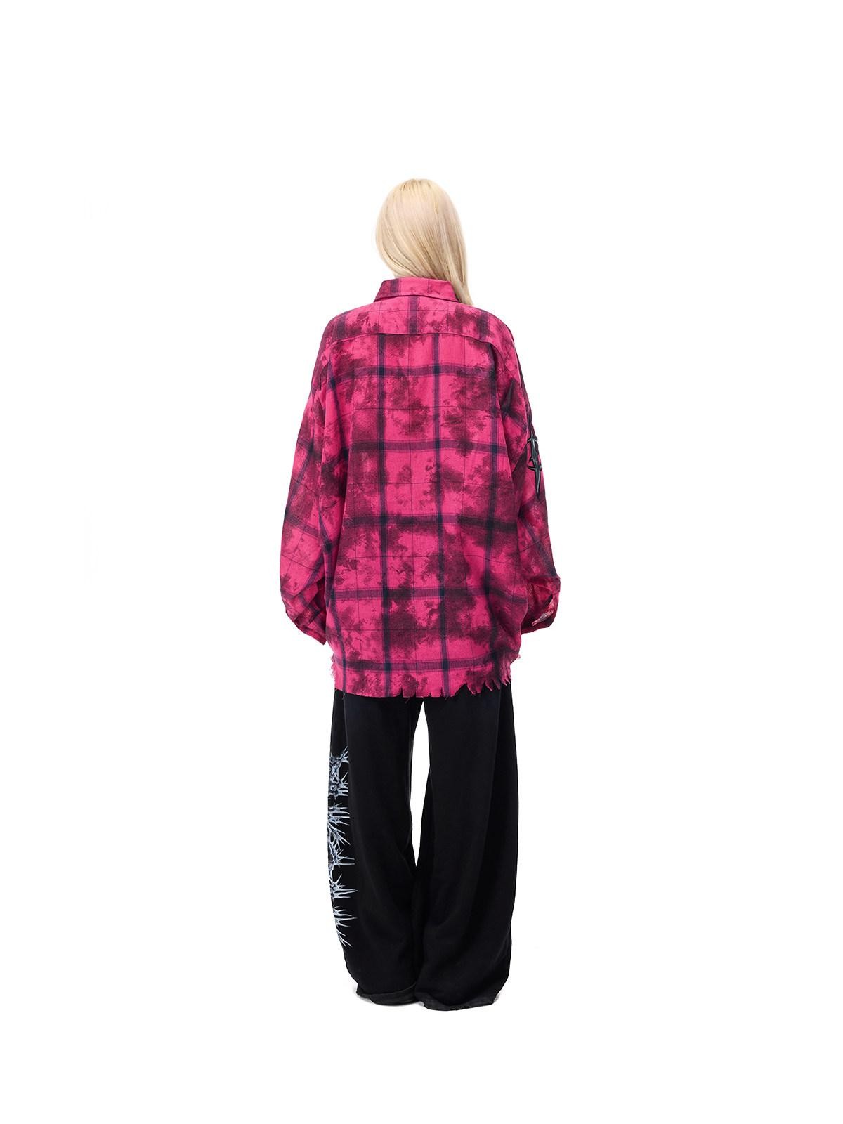 PINKSPINK Pink Distressed Studded Plaid Punk Women's Cotton Polyester Overshirts