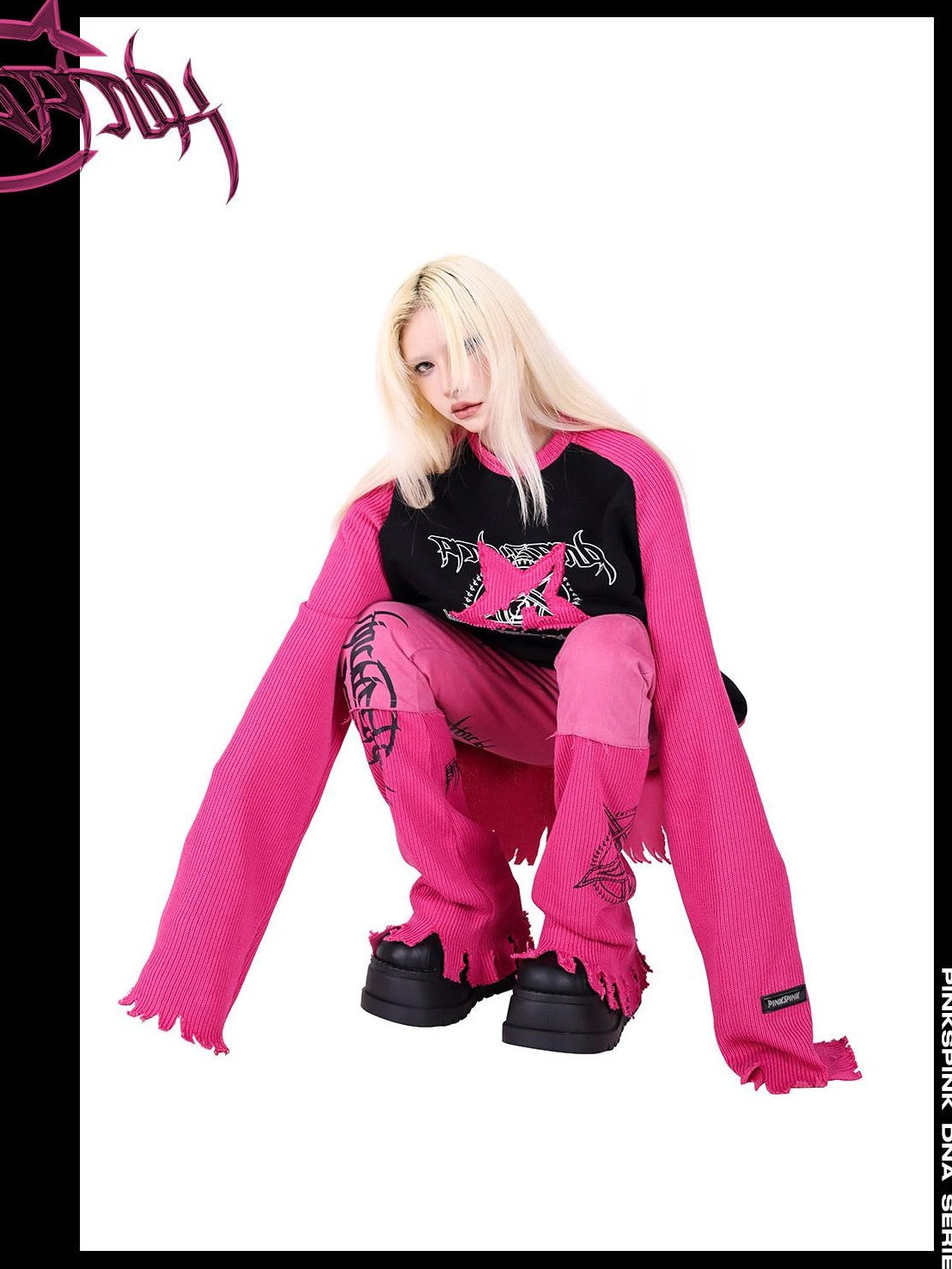 PINKSPINK Pink Embroidered Asymmetrical Distressed Pentagram Women's Cotton Flare Jeans