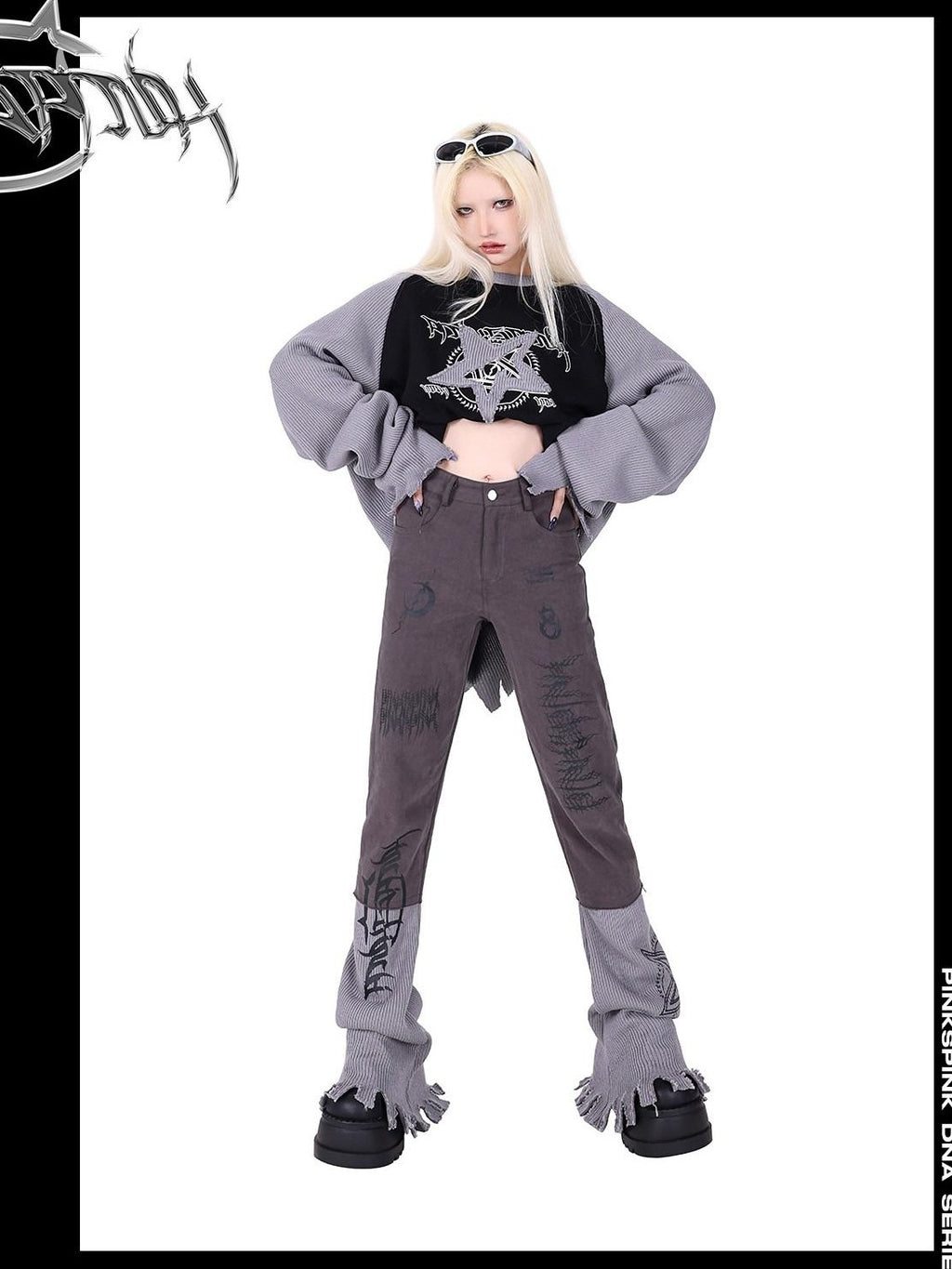 PINKSPINK Pink Embroidered Asymmetrical Distressed Pentagram Women's Cotton Flare Jeans