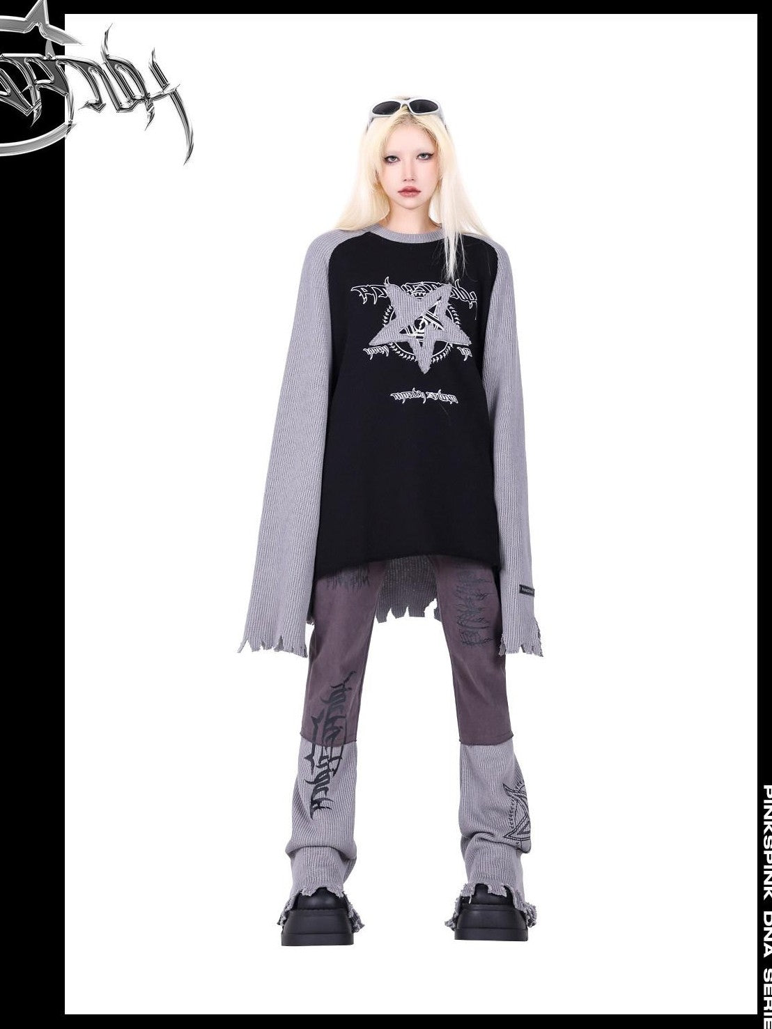 PINKSPINK Pink Embroidered Asymmetrical Distressed Pentagram Women's Cotton Flare Jeans