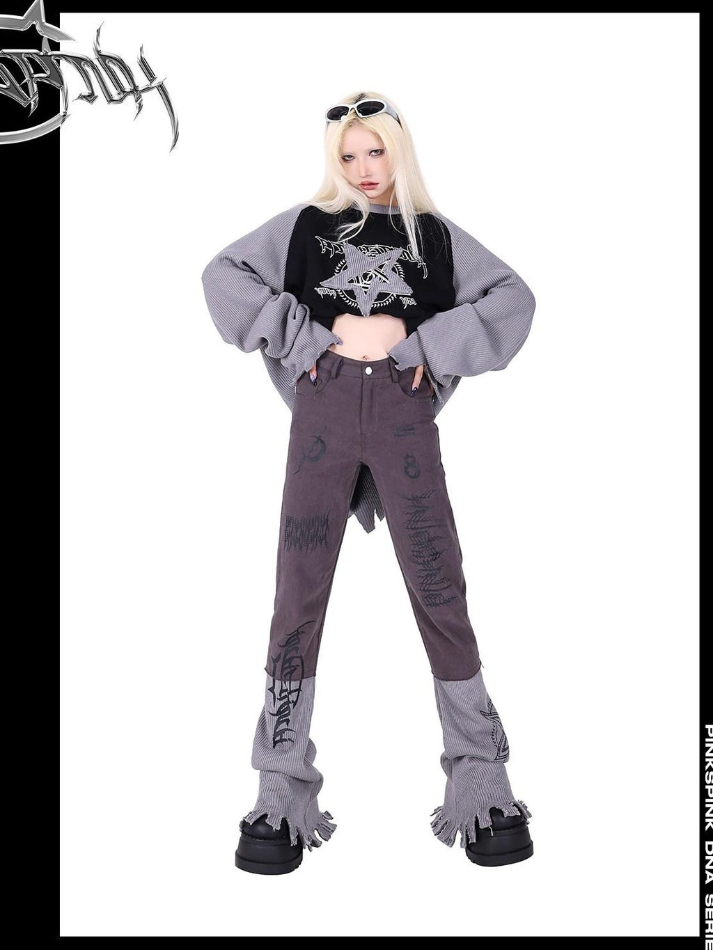PINKSPINK Pink Embroidered Asymmetrical Distressed Pentagram Women's Cotton Flare Jeans