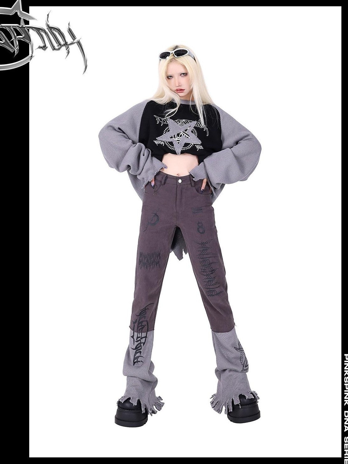 PINKSPINK Pink Embroidered Asymmetrical Distressed Pentagram Women's Cotton Flare Jeans