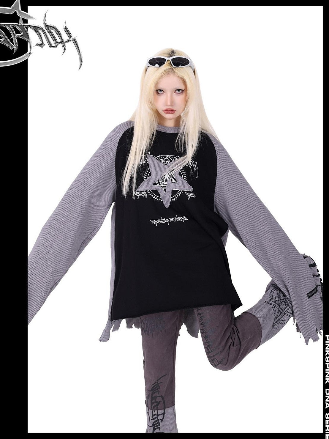 PINKSPINK Pink Embroidered Asymmetrical Distressed Pentagram Women's Cotton Flare Jeans