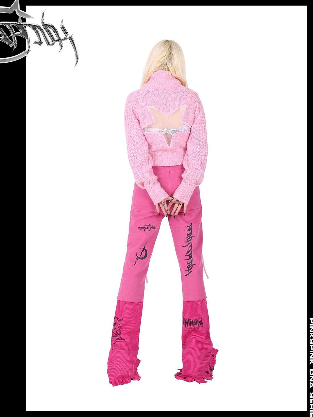 PINKSPINK Pink Embroidered Asymmetrical Distressed Pentagram Women's Cotton Flare Jeans