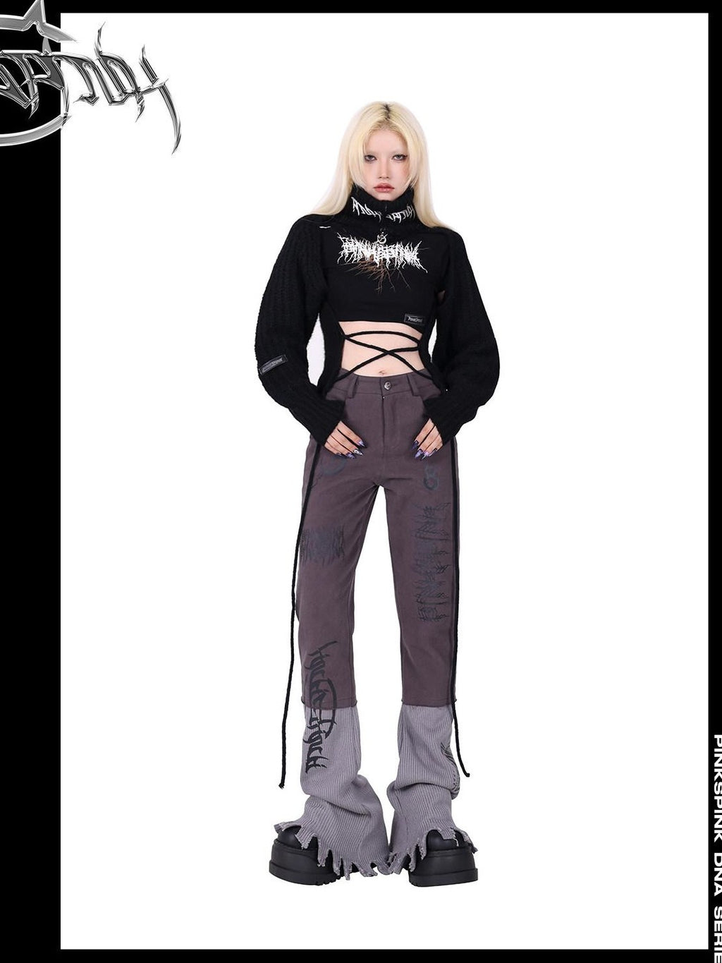 PINKSPINK Pink Embroidered Asymmetrical Distressed Pentagram Women's Cotton Flare Jeans