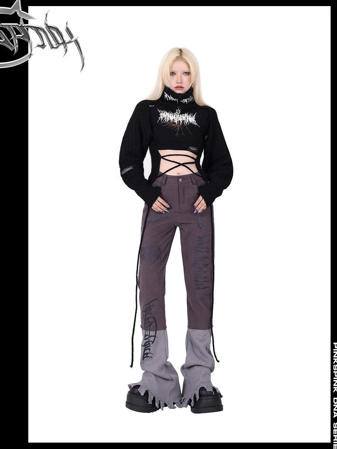 PINKSPINK Pink Embroidered Asymmetrical Distressed Pentagram Women's Cotton Flare Jeans