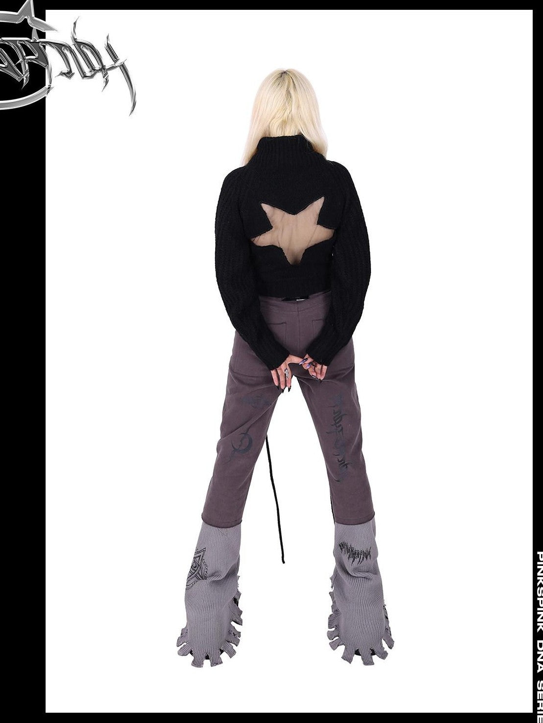 PINKSPINK Pink Embroidered Asymmetrical Distressed Pentagram Women's Cotton Flare Jeans