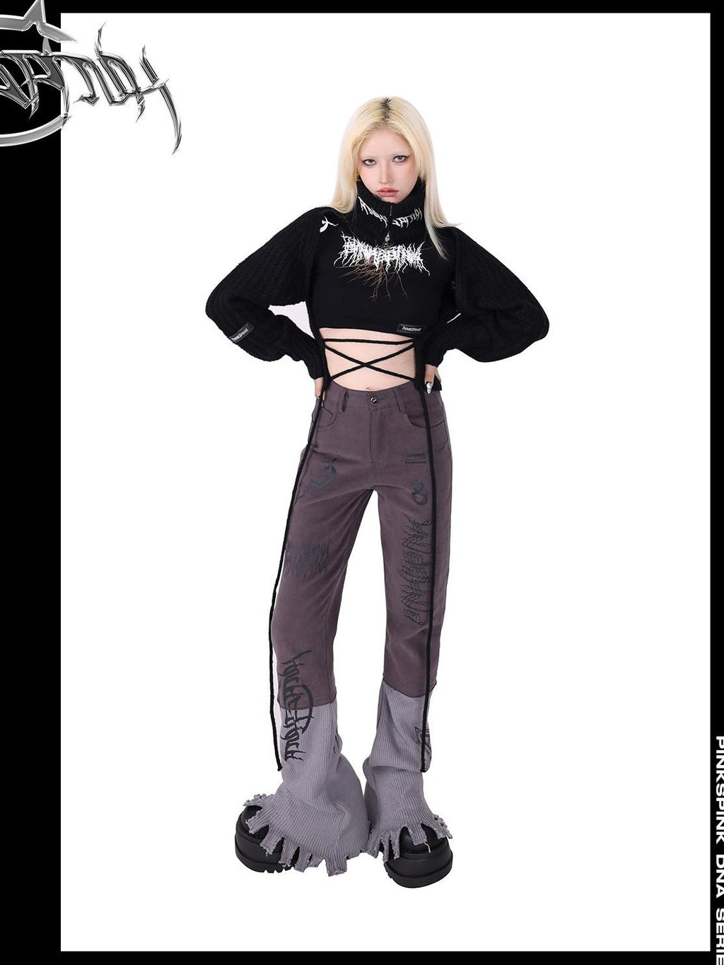 PINKSPINK Pink Embroidered Asymmetrical Distressed Pentagram Women's Cotton Flare Jeans
