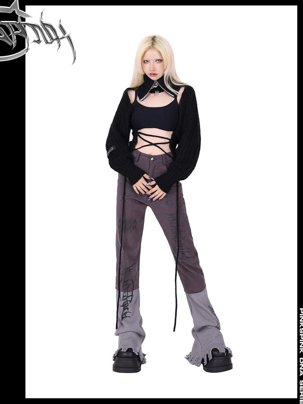 PINKSPINK Pink Embroidered Asymmetrical Distressed Pentagram Women's Cotton Flare Jeans