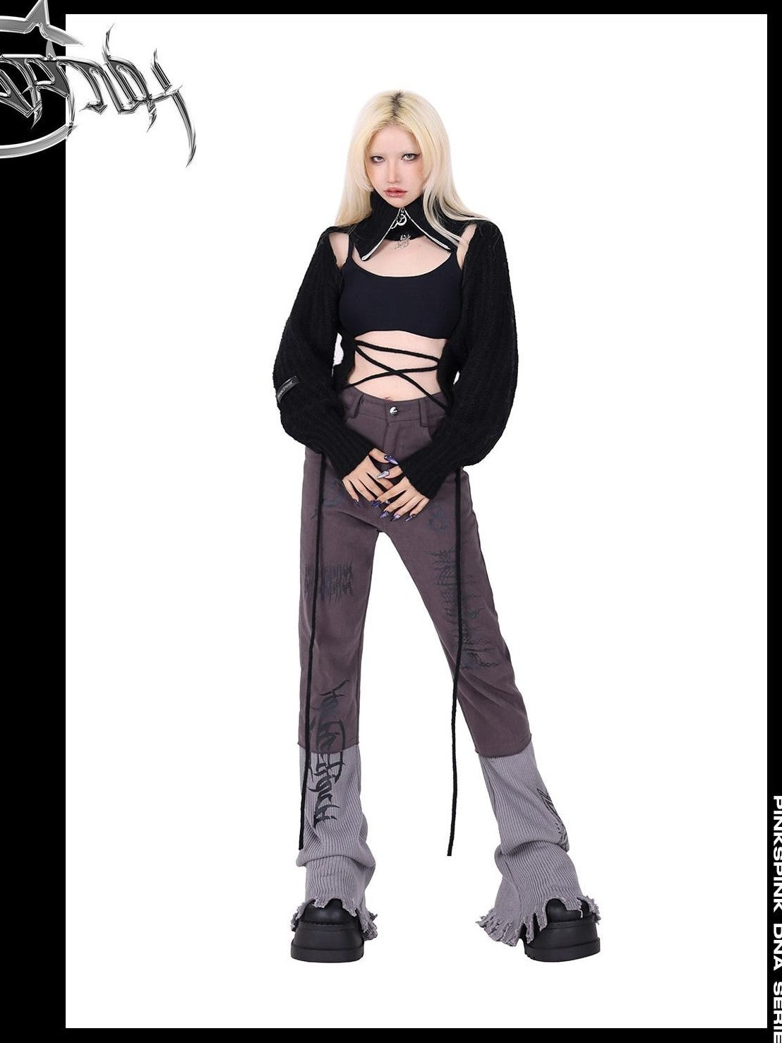 PINKSPINK Pink Embroidered Asymmetrical Distressed Pentagram Women's Cotton Flare Jeans