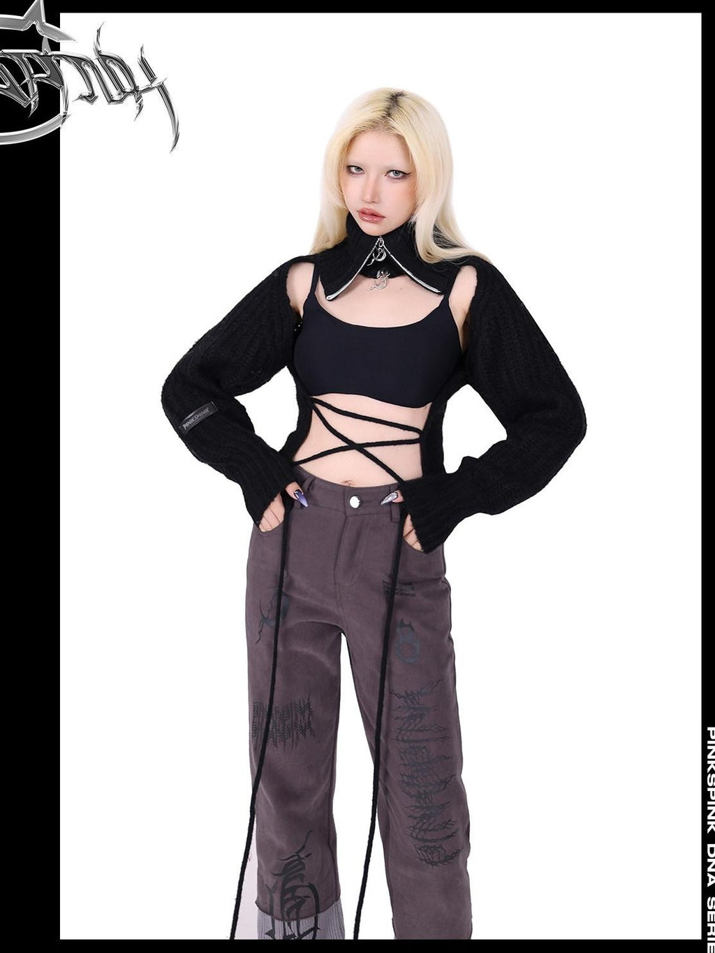 PINKSPINK Pink Embroidered Asymmetrical Distressed Pentagram Women's Cotton Flare Jeans