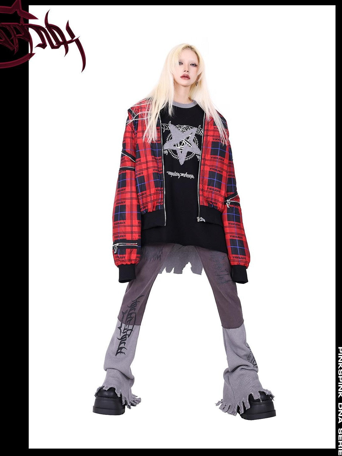 PINKSPINK Pink Embroidered Asymmetrical Distressed Pentagram Women's Cotton Flare Jeans
