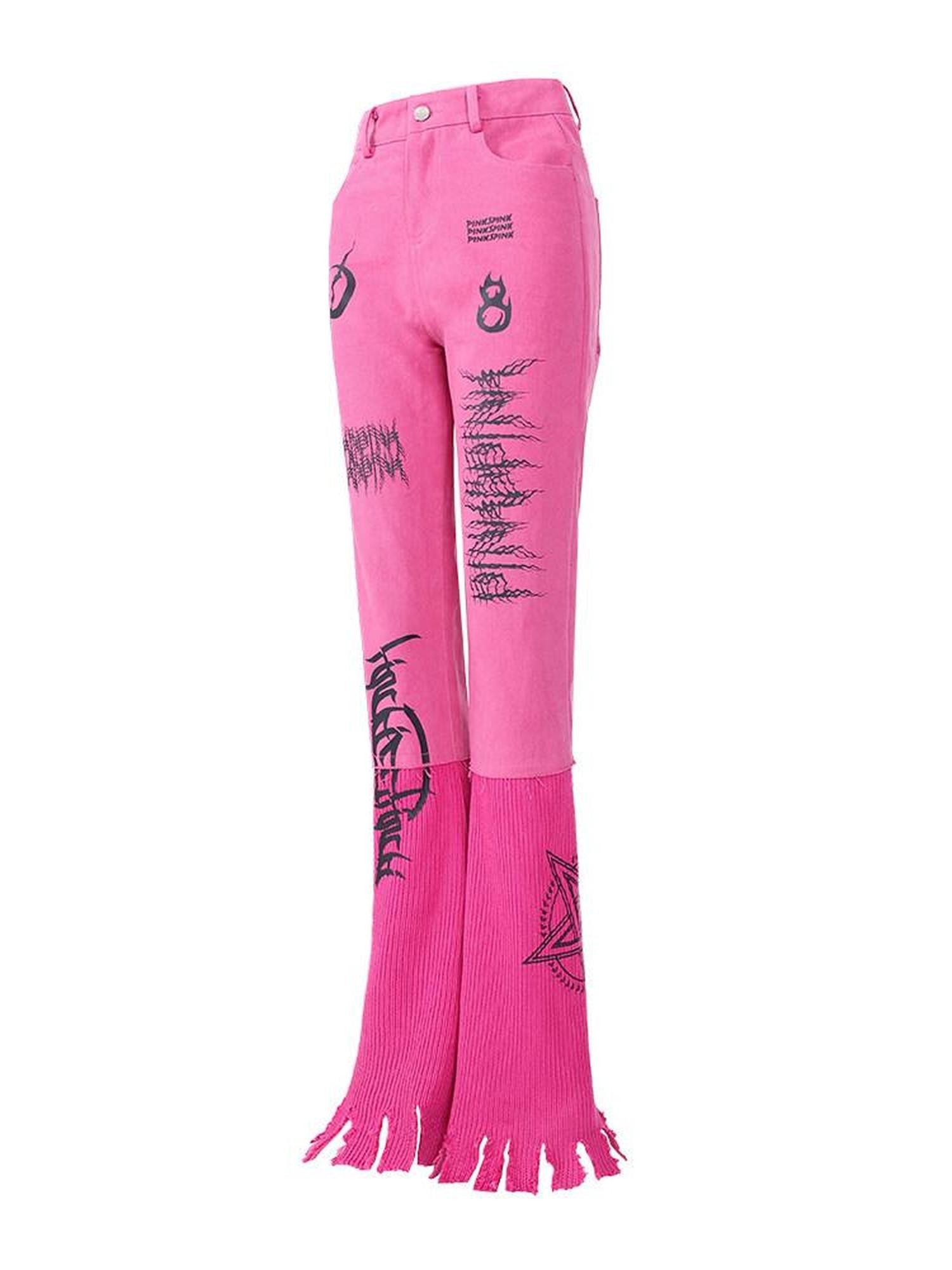 PINKSPINK Pink Embroidered Asymmetrical Distressed Pentagram Women's Cotton Flare Jeans