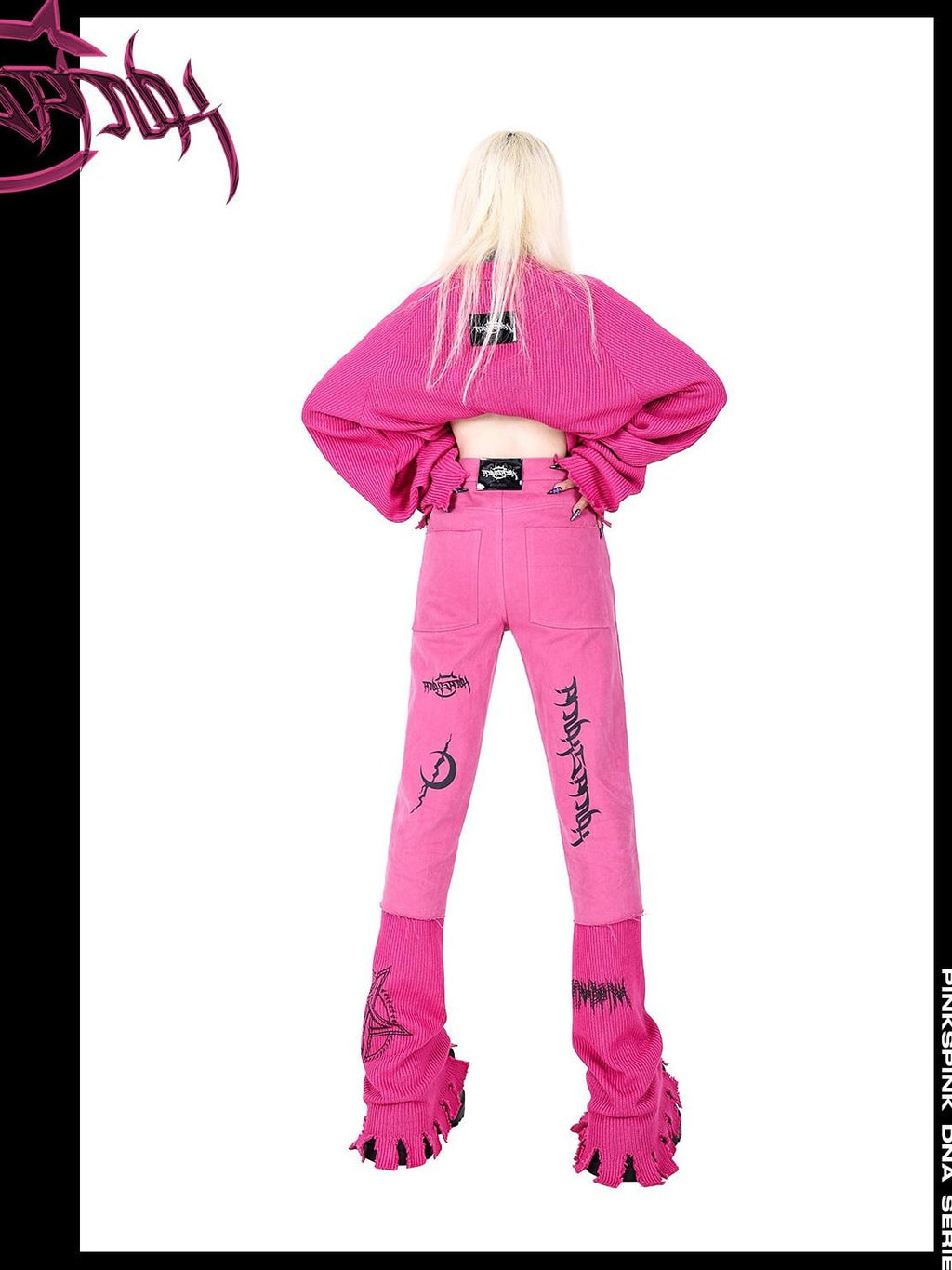 PINKSPINK Pink Embroidered Asymmetrical Distressed Pentagram Women's Cotton Flare Jeans