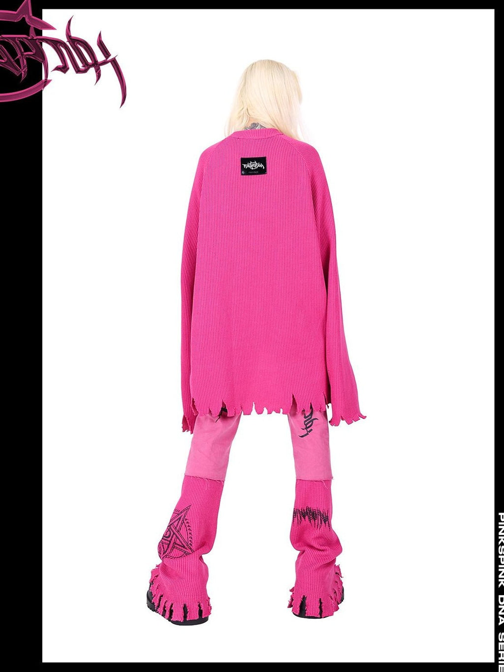 PINKSPINK Pink Embroidered Asymmetrical Distressed Pentagram Women's Cotton Flare Jeans