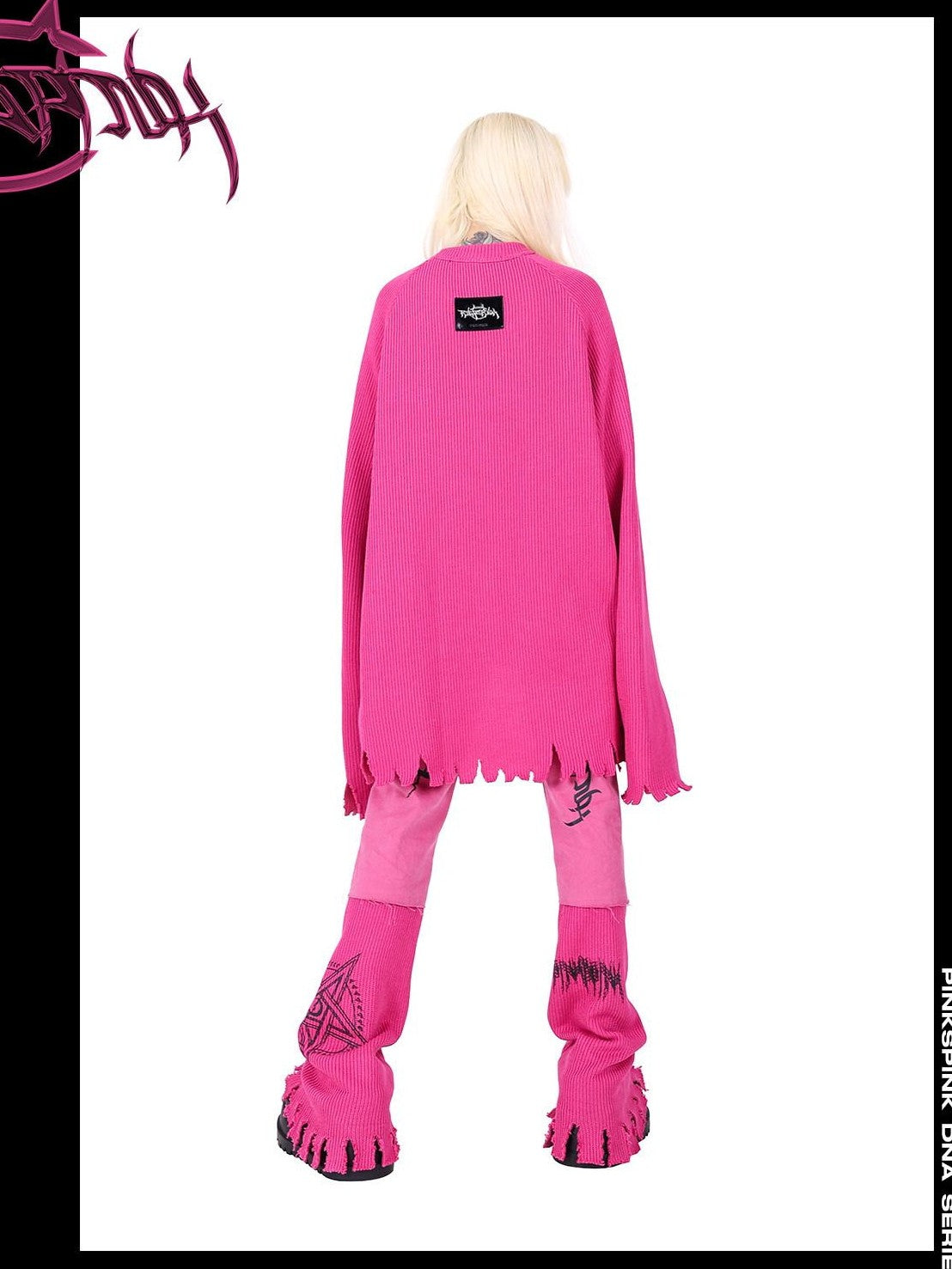 PINKSPINK Pink Embroidered Asymmetrical Distressed Pentagram Women's Cotton Flare Jeans