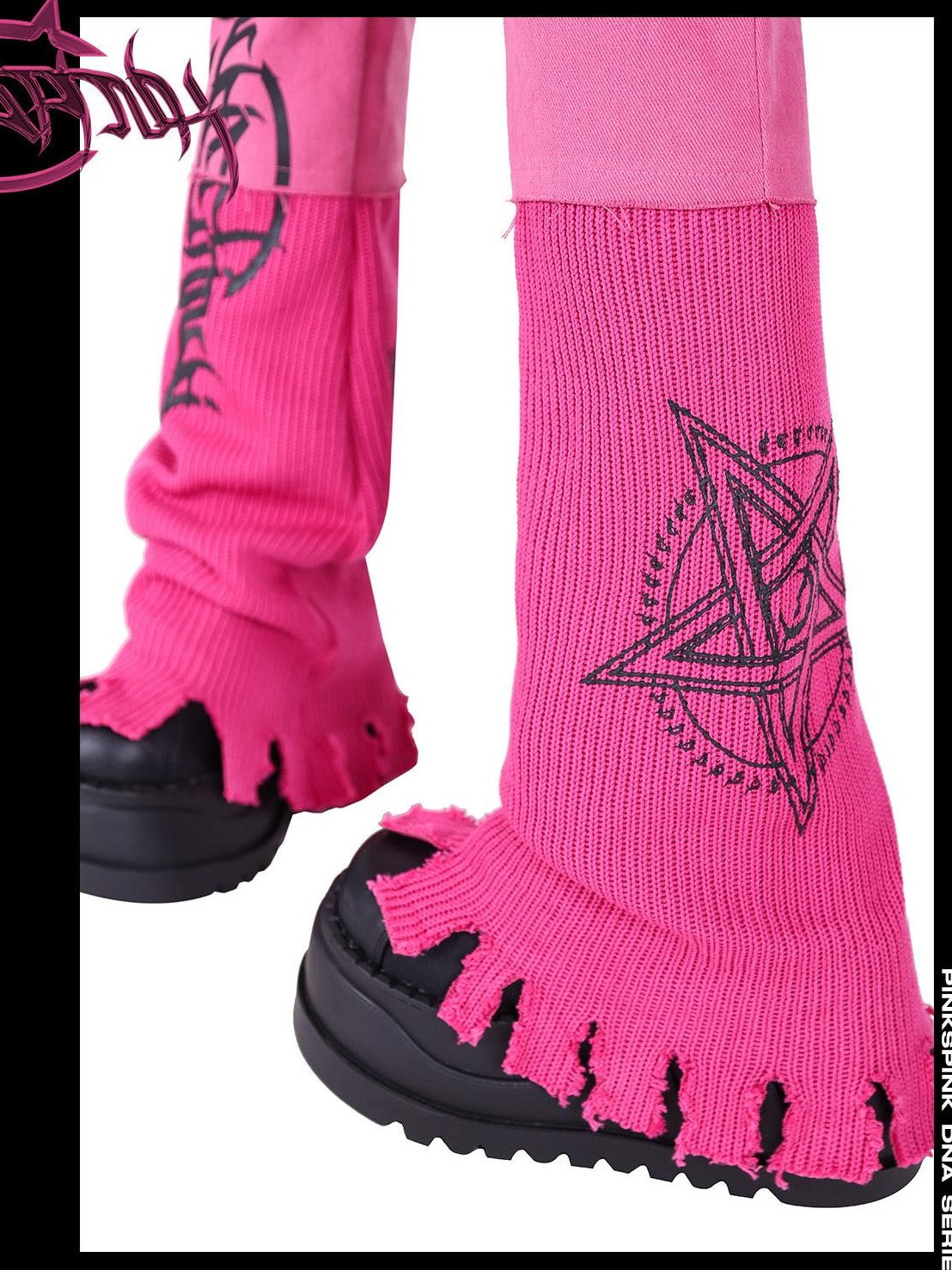 PINKSPINK Pink Embroidered Asymmetrical Distressed Pentagram Women's Cotton Flare Jeans