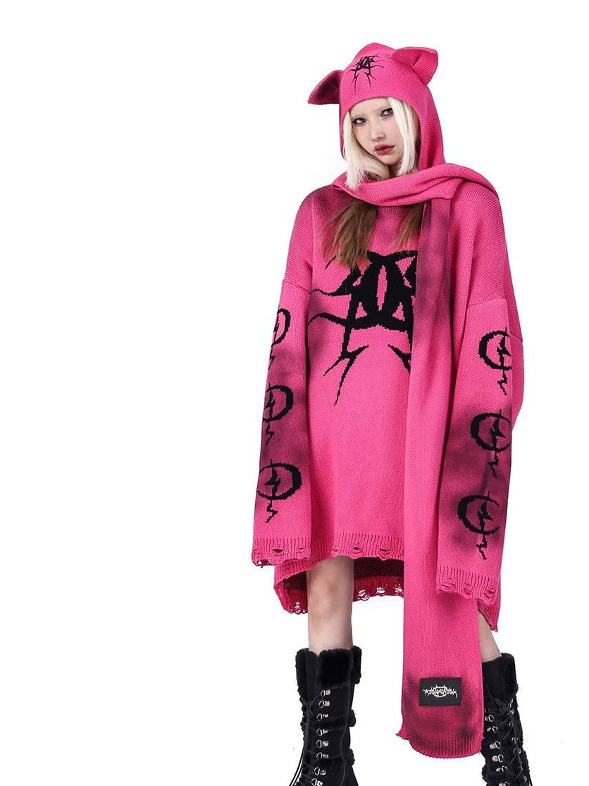 Pink Graffiti Colorblock Loose Women's Acrylic Blend Pullover Sweaters