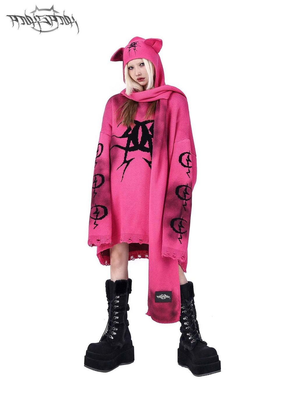 Pink Graffiti Colorblock Loose Women's Acrylic Blend Pullover Sweaters