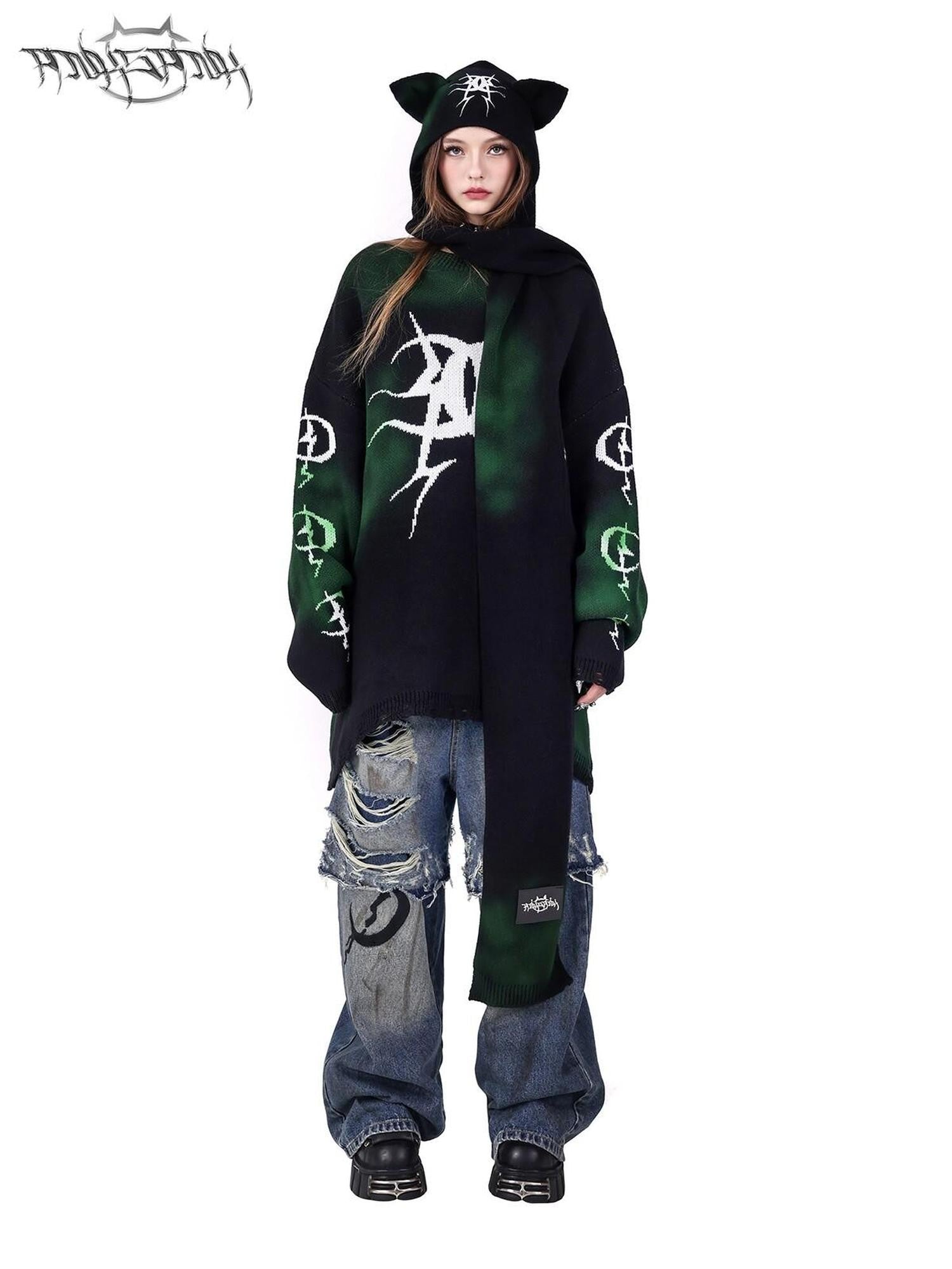 Pink Graffiti Colorblock Loose Women's Acrylic Blend Pullover Sweaters