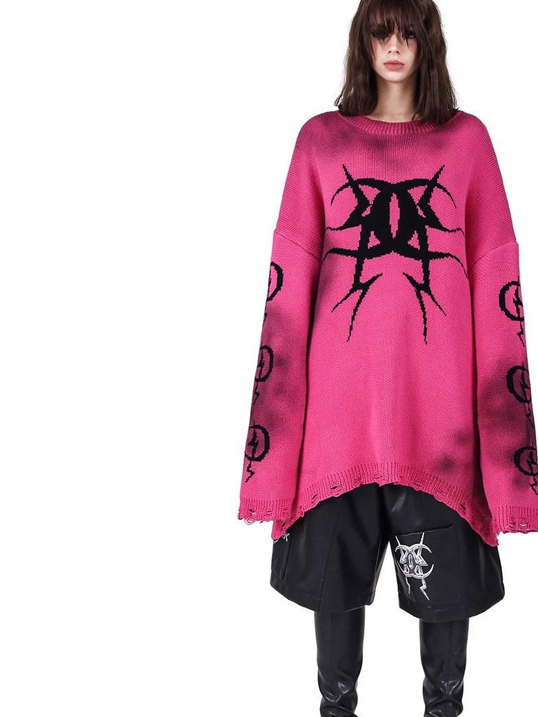 Pink Graffiti Colorblock Loose Women's Acrylic Blend Pullover Sweaters