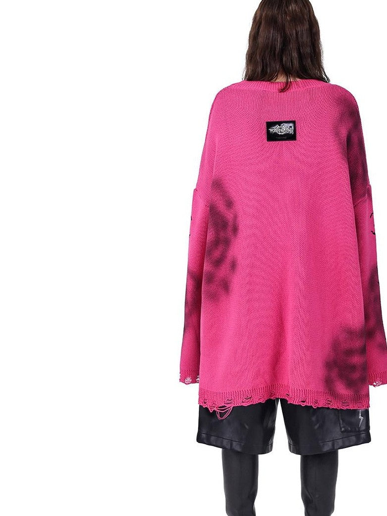 Pink Graffiti Colorblock Loose Women's Acrylic Blend Pullover Sweaters