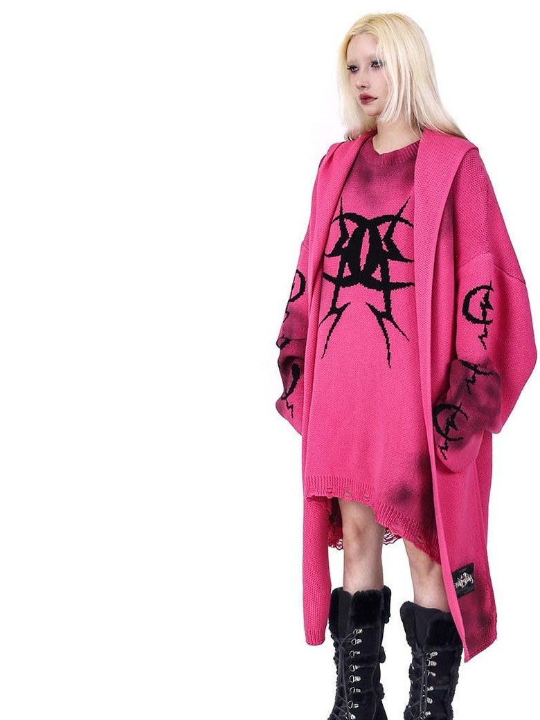 Pink Graffiti Colorblock Loose Women's Acrylic Blend Pullover Sweaters