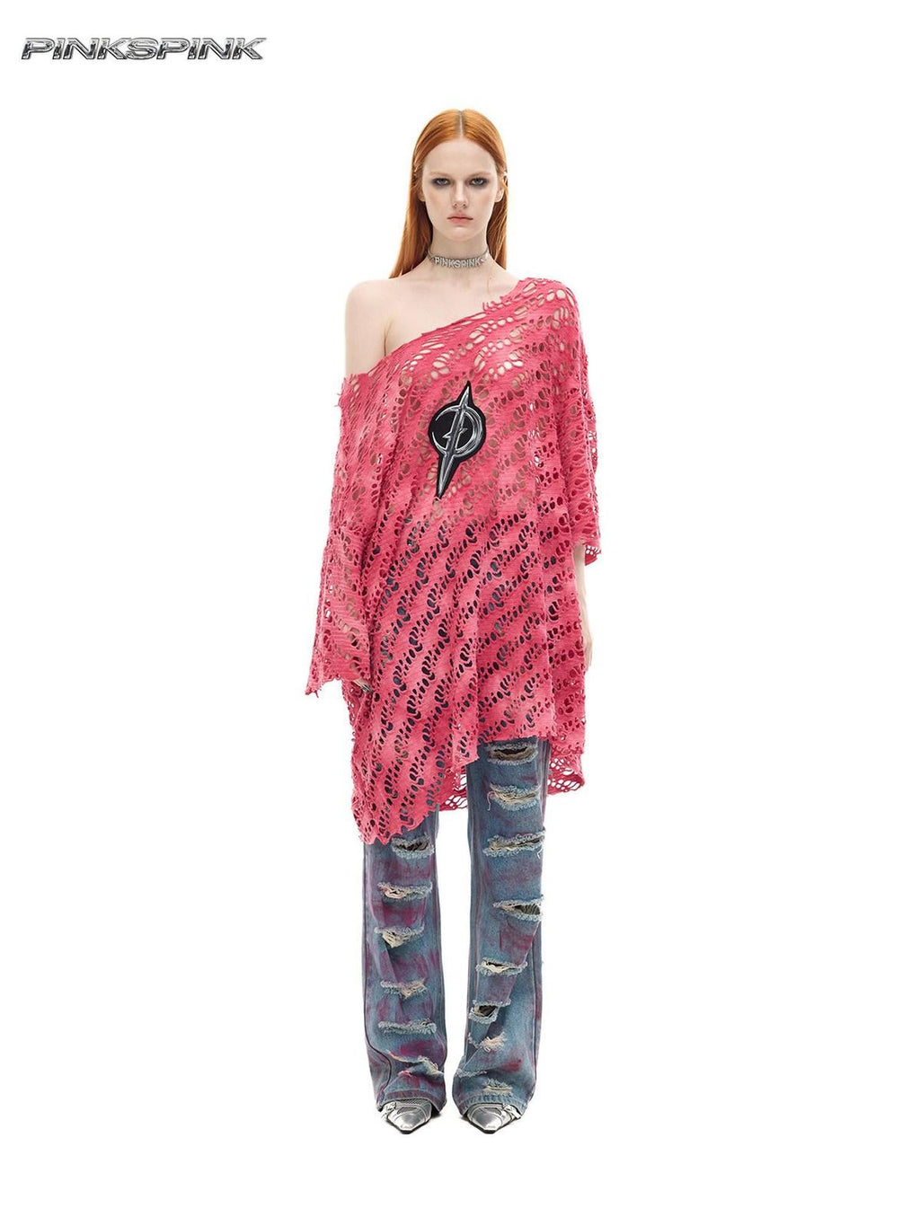 PINKSPINK Pink Gray Gradient Moon Applique Eyelet Y2k Women's Mesh Long Sleeve T-shirts