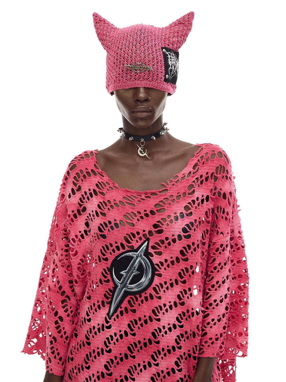 PINKSPINK Pink Gray Gradient Moon Applique Eyelet Y2k Women's Mesh Long Sleeve T-shirts