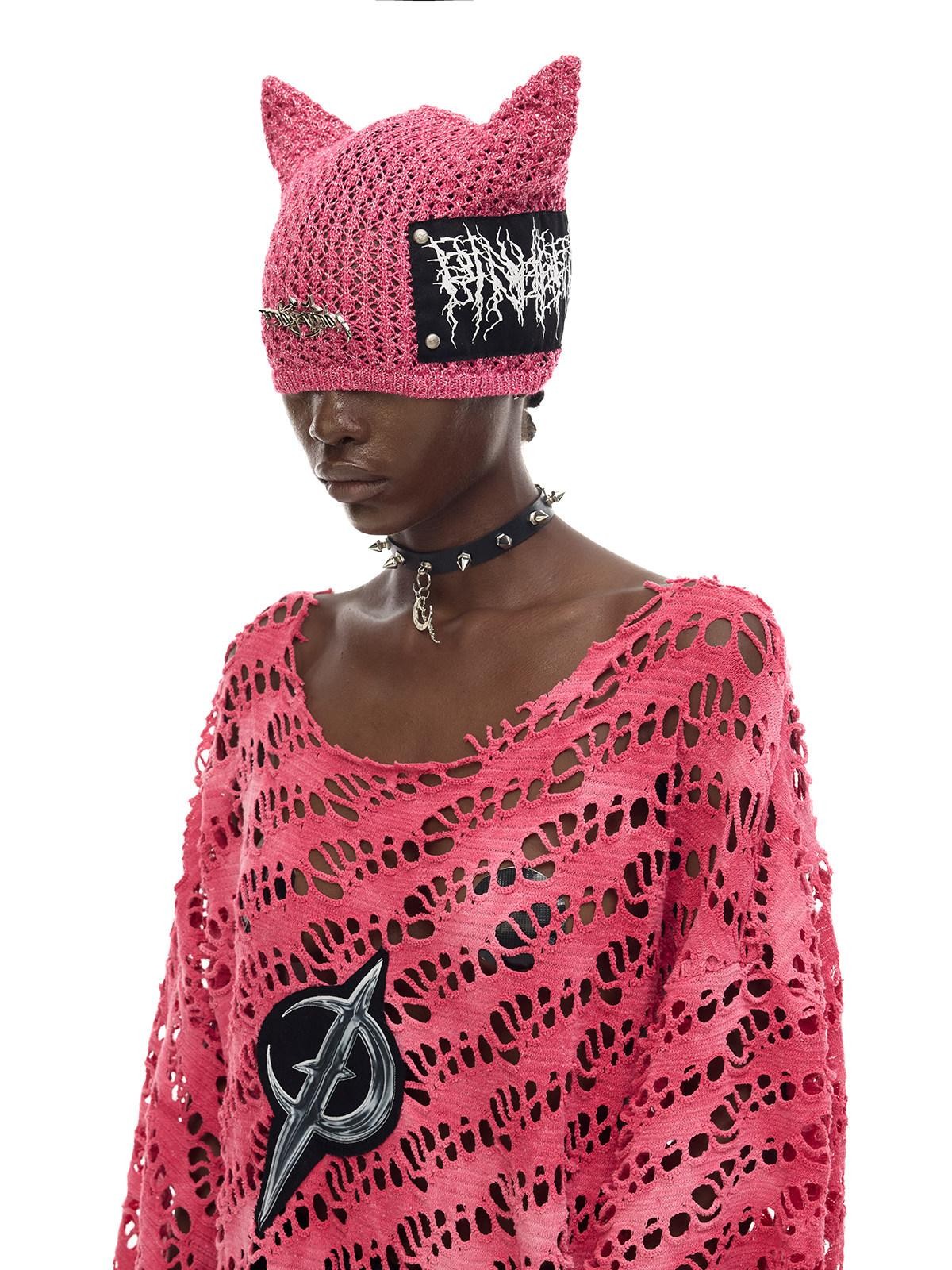 PINKSPINK Pink Gray Gradient Moon Applique Eyelet Y2k Women's Mesh Long Sleeve T-shirts