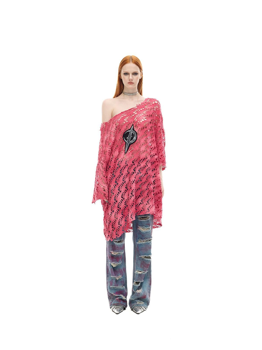 PINKSPINK Pink Gray Gradient Moon Applique Eyelet Y2k Women's Mesh Long Sleeve T-shirts